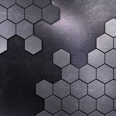 Metallic background with scratches and stains and hexagon shapes