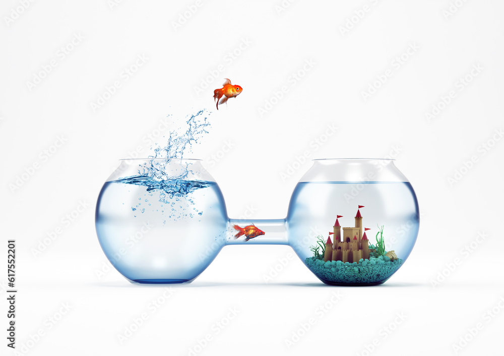 Poster goldfish leaping in an aquarium with a castle instead another fish pass from the tube. way to improv
