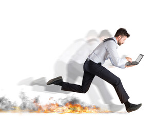Businessman runs quickly with laptop leaving fire trails. Fast business concept