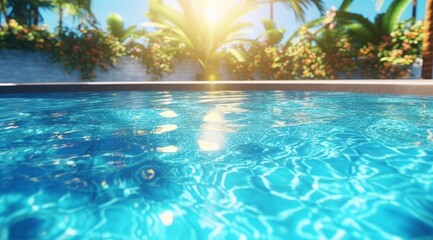 A clean and sparkling pool with crystal clear water, glistening in the sunlight, inviting viewers to dive in and enjoy a refreshing swim. Generative AI