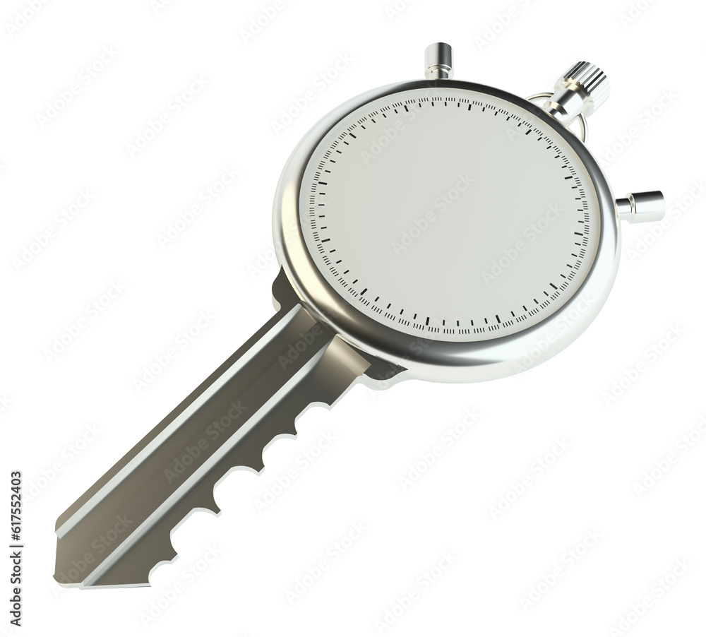 Poster key with stopwatch. empty space on clock face for your content. 3d illustration. isolated on white. 