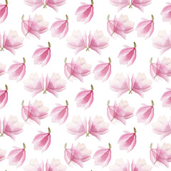watercolor blooming magnolia pattern isolated on white background. seamless spring design