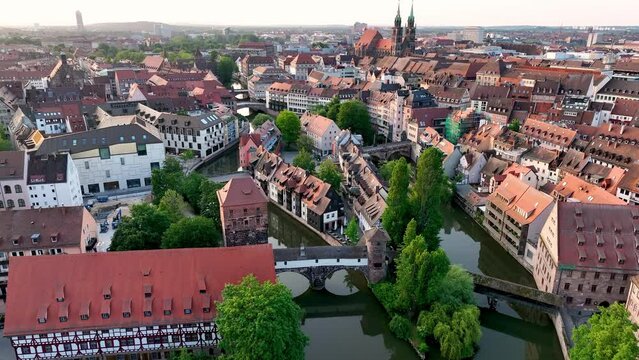 Aerial view of Nuremberg in historic city centre, Bavaria from above, Germany, Europe