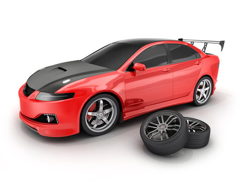 Red sport car and wheel. 3d illustration