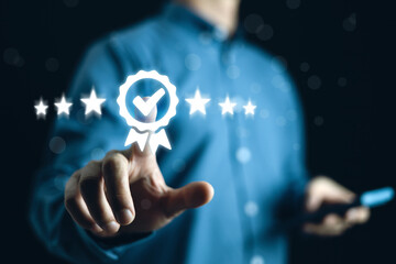 Quality control, satisfaction, good product and service, customer, Hand shows the sign of top service Quality Guarantee, Standards, ISO certification and standardization concept.