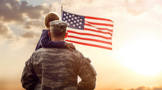Rear view of military man father carrying his son, american flag on background Happy reunion of soldier with family, 4th july, Memorial Day, Labour Day, independence day, veteran day, , generative ai