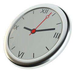 Realistic classic silver round wall clock, isolated on white background. 3D Illustration