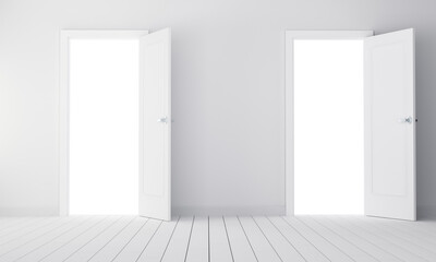 Two doors in empty room. 3D illustration. Choice concept