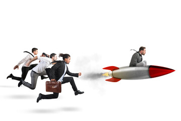 Businessman fly with rocket during a race with opponents  . 3D Rendering