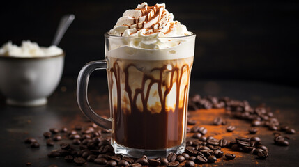 A mug of iced coffee with a swirl of whipped cream and a sprinkle of cocoa powder