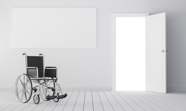 Wheelchair in room with open door and empty place for your content. 3D Illustration