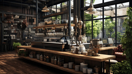 A stylish coffee shop interior with a barista's workstation, espresso machine, and a display of coffee beans.