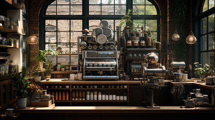A stylish coffee shop interior with a barista's workstation, espresso machine, and a display of coffee beans.