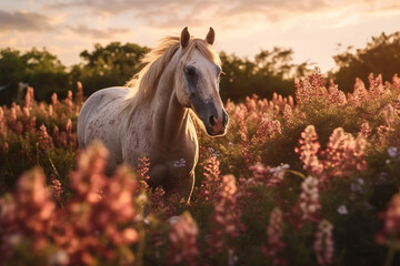 Arabian horse staring into the camera with the sun setting behind her.