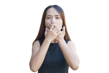 Delve into the enigmatic world as a woman's hand delicately conceals her mysterious, whispered secrets. Unlock the hidden emotions and captivating intrigue in this intriguing portrayal.