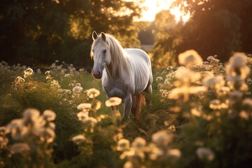 Arabian horse staring into the camera with the sun setting behind her.