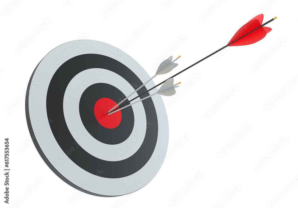 Poster arrows in archery target. isoalted on white. 3d rendering