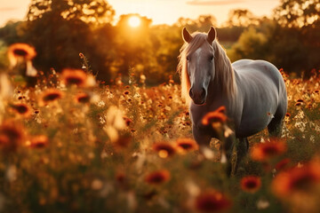 Obraz na płótnie Canvas Quarter horse standing in a flower field during sunset in the middle of Texas.
