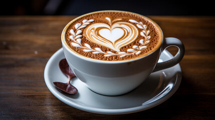 Fototapeta premium A latte art masterpiece on a cappuccino, featuring a heart or leaf design