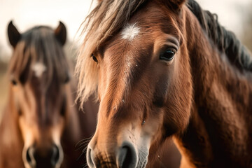 Close-up of a bay stallion next to his herd.