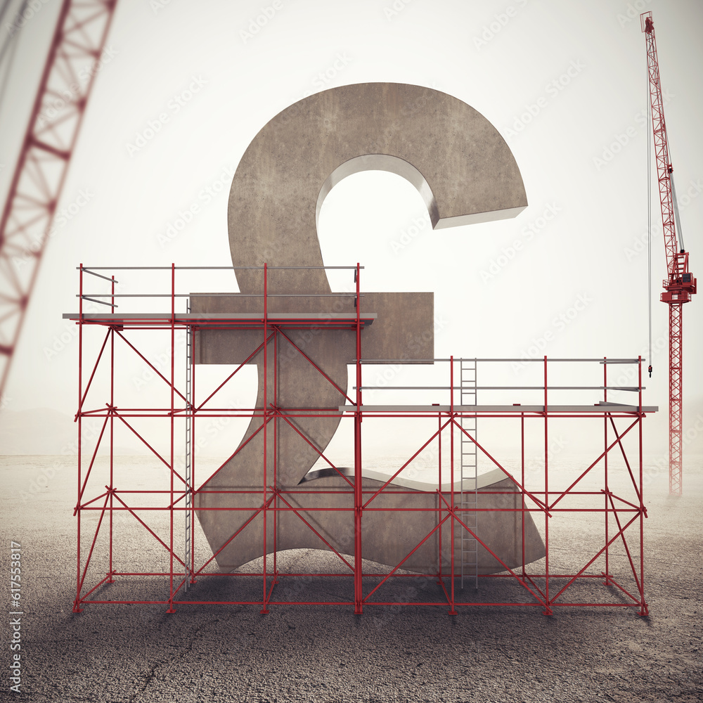Poster scaffolding built on a wall with the symbol of sterling. 3d rendering