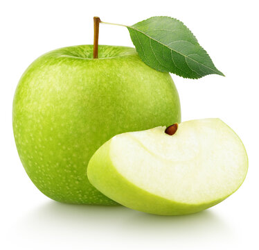 Whole ripe green apple with green leaf and apple slice isolated on white background with clipping path