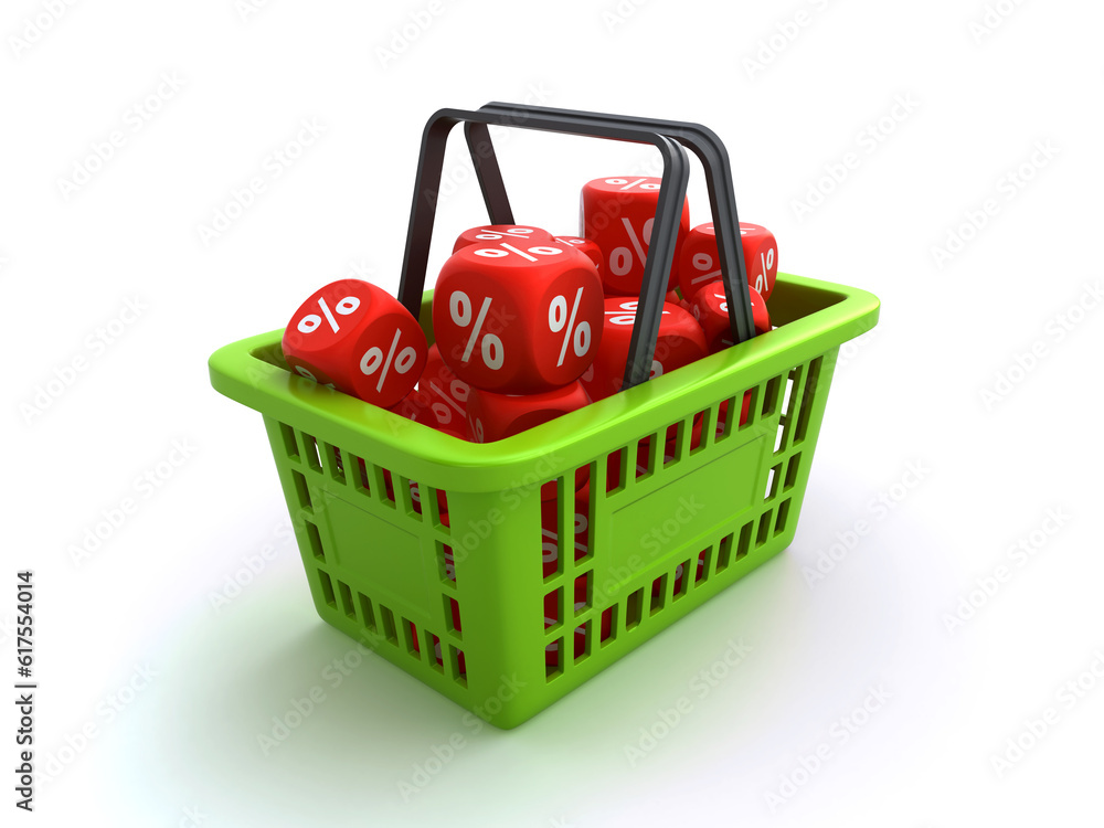 Poster shopping basket with discount dice on the white background (3d render)