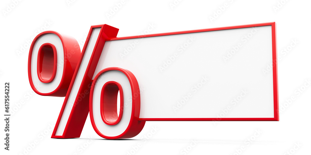 Poster red percent sign with blank text area isolated on white background, three-dimensional rendering, 3d 