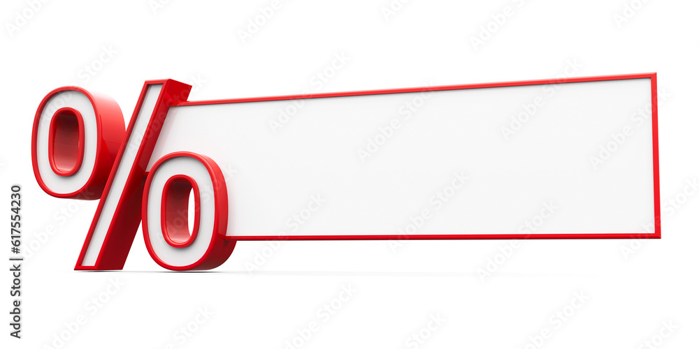 Poster red percent sign with blank text area isolated on white background, three-dimensional rendering, 3d 