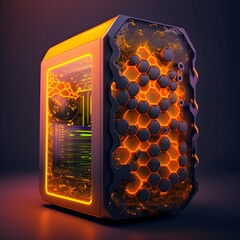 3D realistic render of a PC case covered in orange scales neon futuristic 8k octane render uhd HDR 