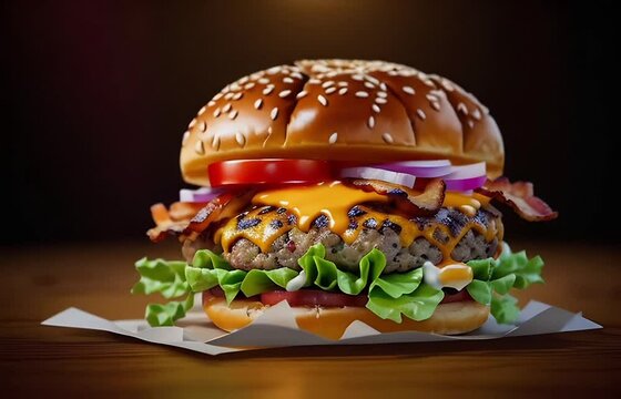 Tasty large burger with juicy meat