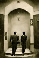 two male people oppositely in front of the toilet entrance of 1950s Ankara university law school sepia 