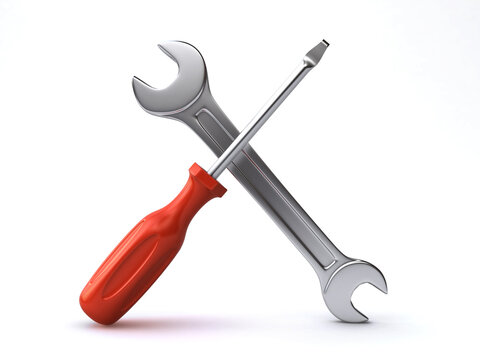 3d illustration of an under construction sign with a wrench and screwdriver on the white background
