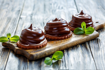 Cakes with souffle in chocolate glaze on a wooden stand, selective focus.