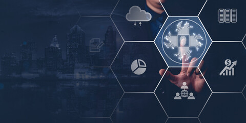 Businessman touching the intelligence (AI) in futuristic business and software development, cryptography on interface and synchronize network connection, IoT, innovation.