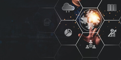 Businessman hand pointing at AI chip, artificial intelligence, hardware, HUD and innovation concept