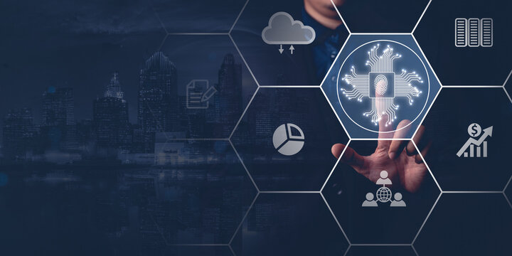 Businessman touching the intelligence (AI) in futuristic business and software development, cryptography on interface and synchronize network connection, IoT, innovation.
