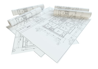 Rolled House Blueprints. Isolated On White Background. 3D Illustration