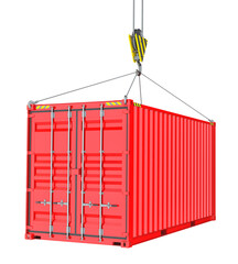 Red Cargo Container Hoisted By Hook, Isolated on White Background. 3D Illustration. Transportation Concept. Template For Your Design