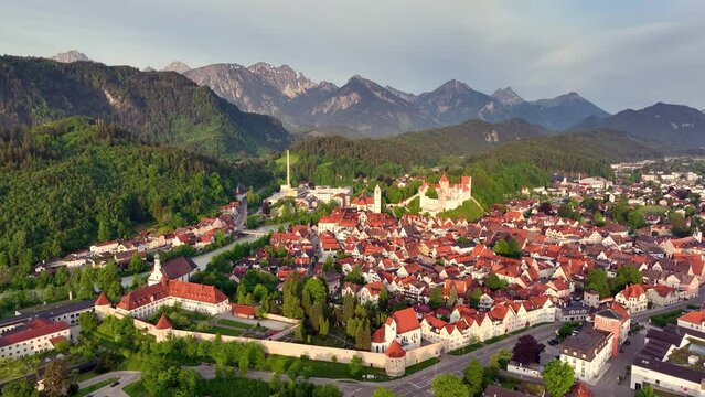 Aerial view over the medieval town Fussen, river and countryside and mountain, Germany