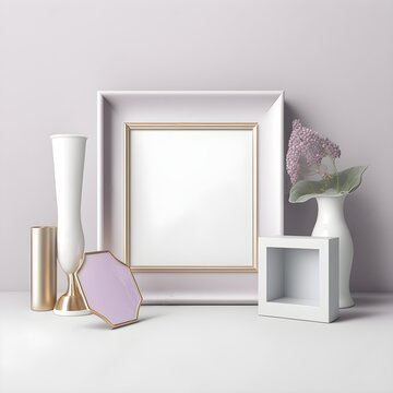 mock up of a square blank frame full view no obstrutions on a dressing table high resolution photorealistic light lilac pinks 