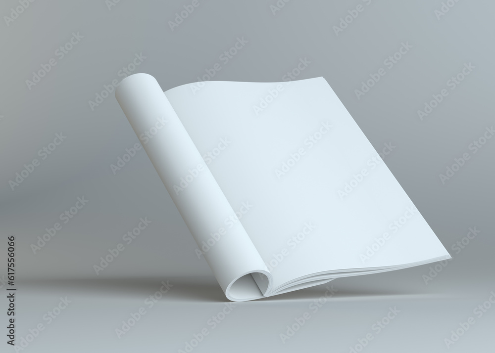 Poster blank open paper brochure on grey studio background. empty place for your content. 3d illustration