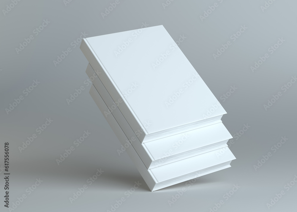 Poster blank three empty books on grey studio background. empty place for your content. 3d illustration