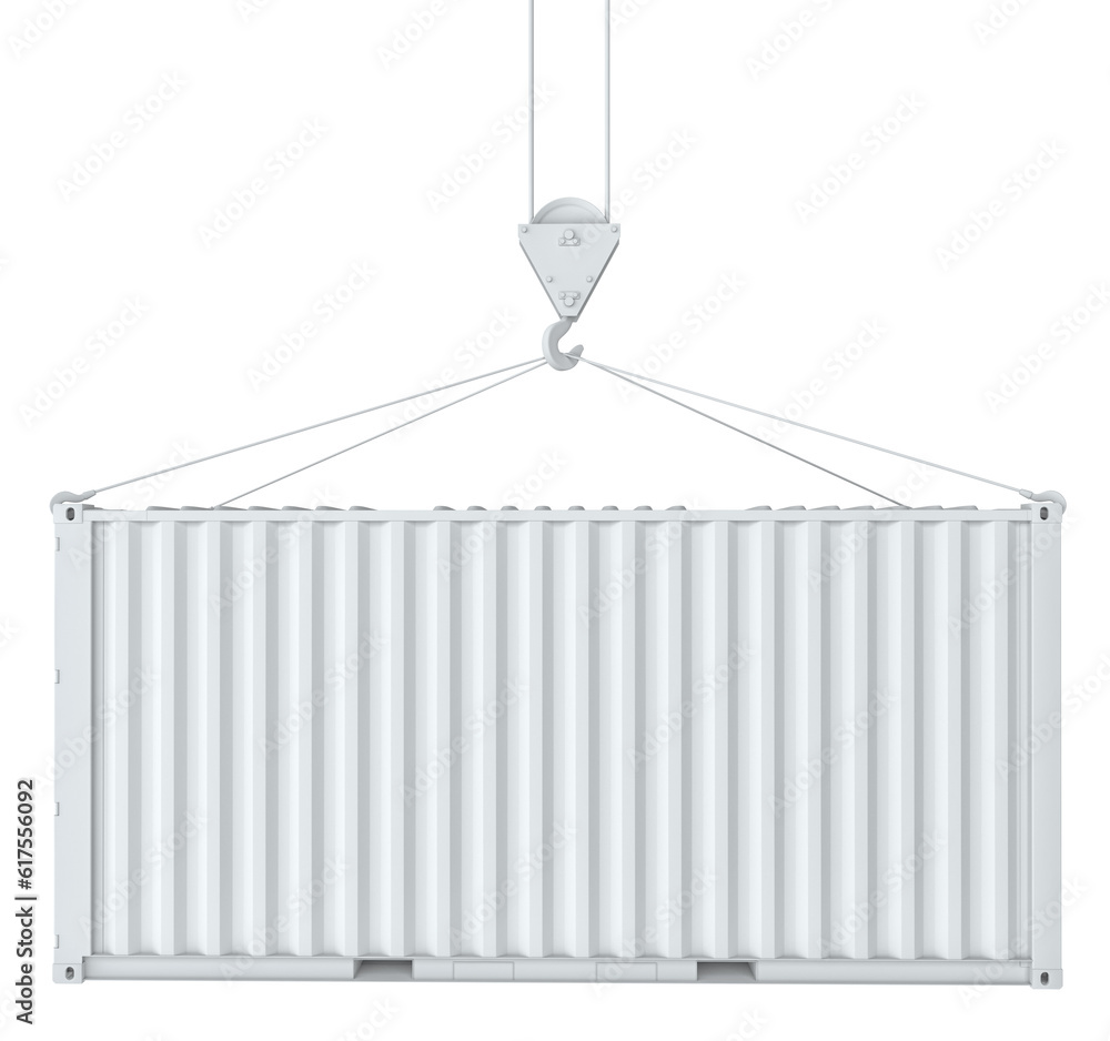 Poster white cargo container on hook. transportation concept. 3d rendering