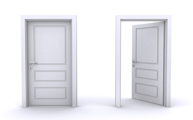Open and closed white doors over a white background (3d render)