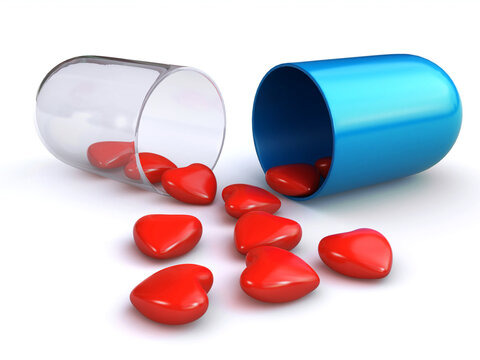 3d pill filled with red hearts (3d render)