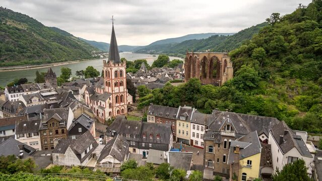 Bacharach Germany time lapse 4K, city skyline timelapse at Bacharach city and Rhine River view from grape vineyard