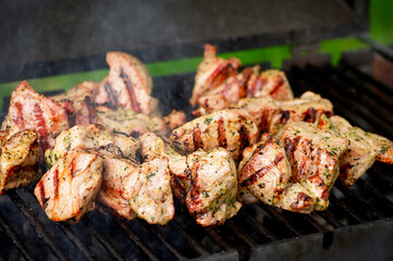 Pieces of pork are cooked on the grill. Street food, picnic.