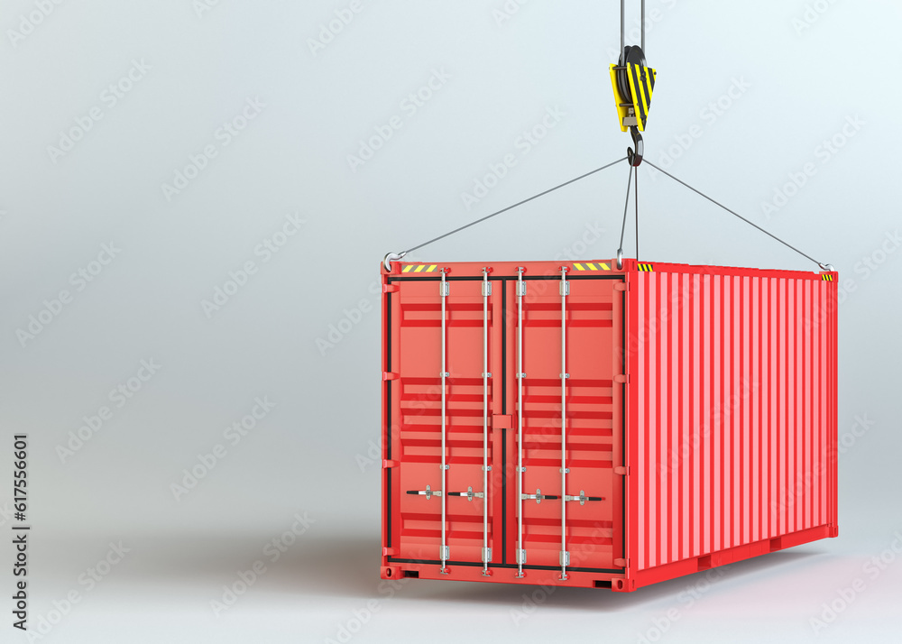 Aufkleber crane hook and red cargo container on gray background. 3d rendering