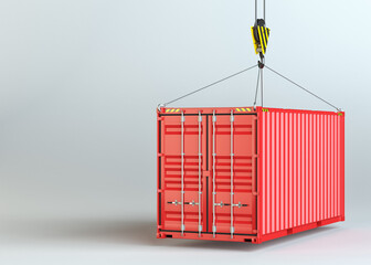 Crane hook and red cargo container on gray background. 3D rendering